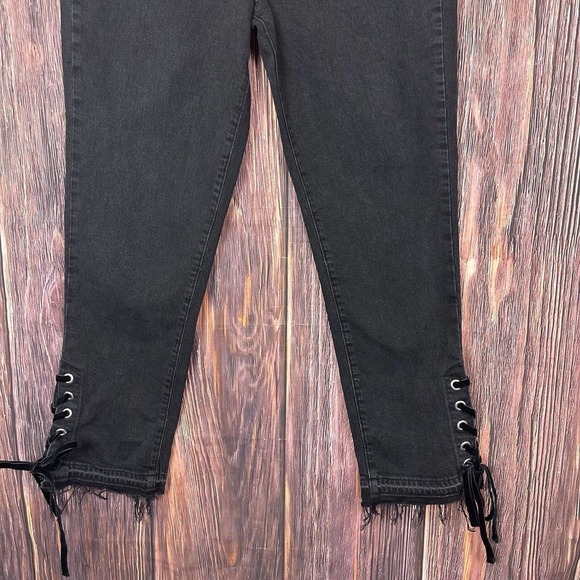 Paige Jacqueline Black Wash Denim Lace Up Hem high Rise Straight Leg Jeans Sz 31 - Picture 4 of 6